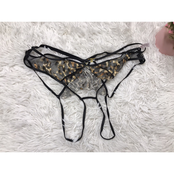 Victoria's Secret Lingerie Brazilian Thong Leopard Lace Strappy Crotchless L - Picture 1 of 6